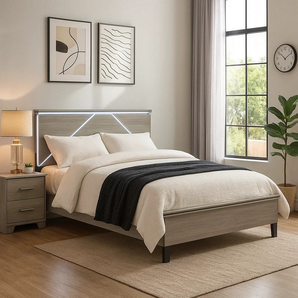 Benjara Anna Queen Bed, Panel Headboard with LED, Weathered Gray Wood, Modern Style