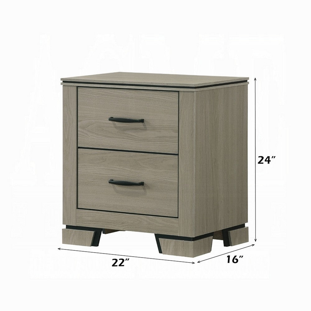 Benjara Anna Nightstand with 2 Drawers, Weathered Gray Wood, Black Metal Accents
