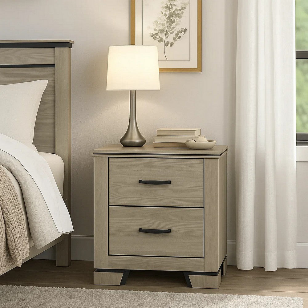 Benjara Anna Nightstand with 2 Drawers, Weathered Gray Wood, Black Metal Accents