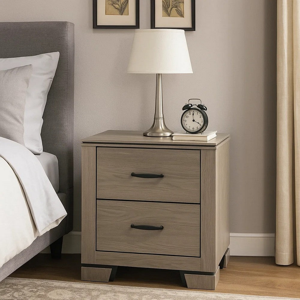Benjara Anna Nightstand with 2 Drawers, Weathered Gray Wood, Black Metal Accents