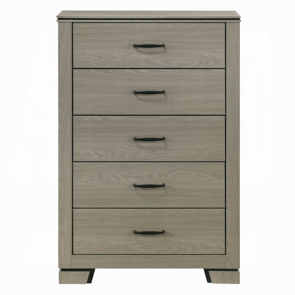 Benjara Anna 5 Drawer Tall Dresser Chest, Weathered Gray, Black Metal Accents