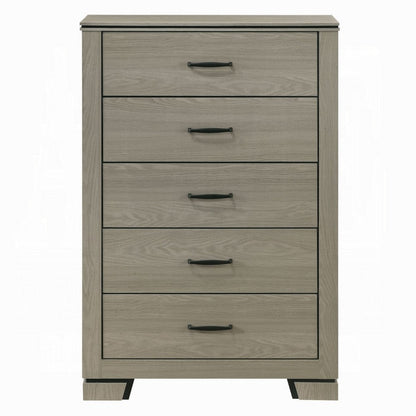 Benjara Anna 5 Drawer Tall Dresser Chest, Weathered Gray, Black Metal Accents