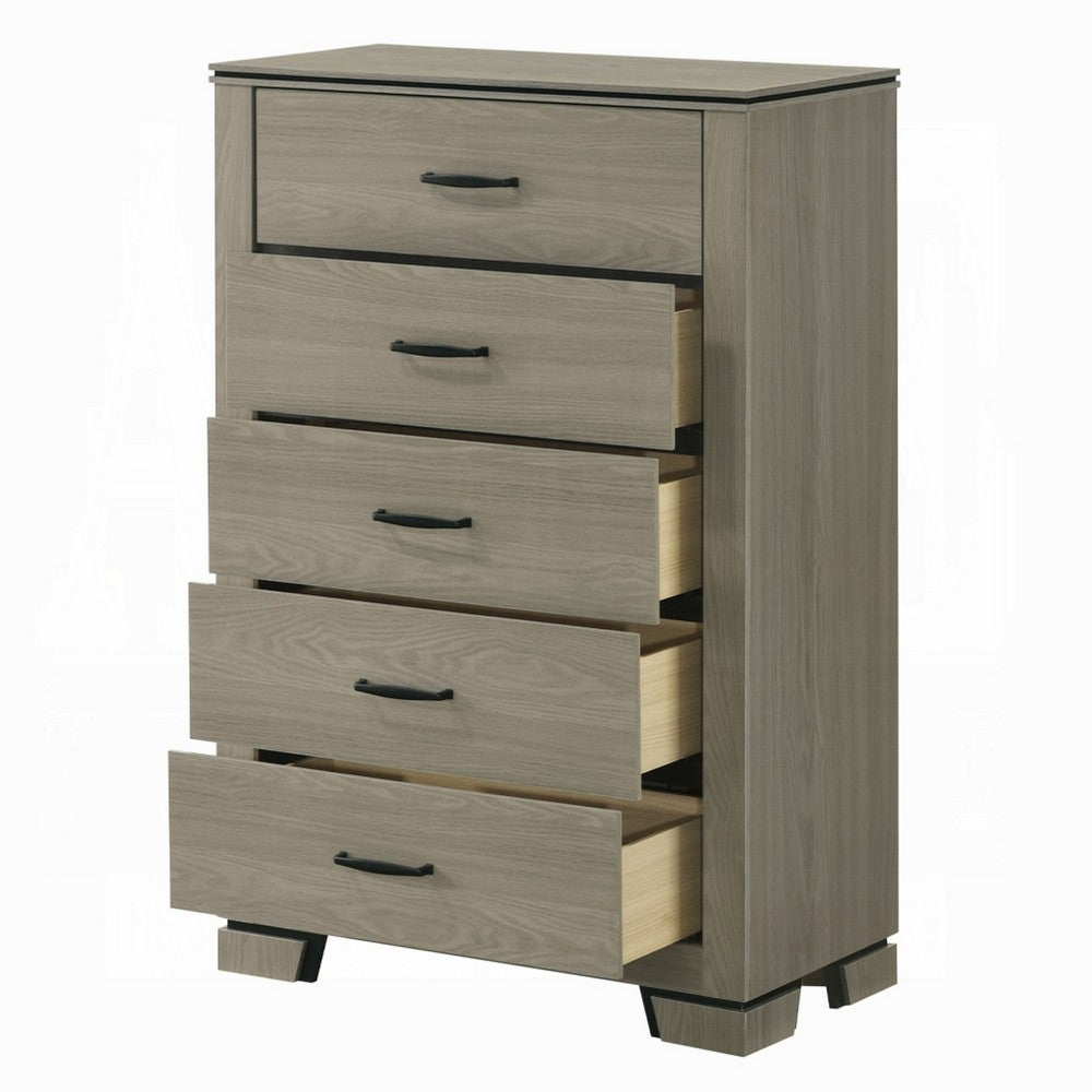 Benjara Anna 5 Drawer Tall Dresser Chest, Weathered Gray, Black Metal Accents