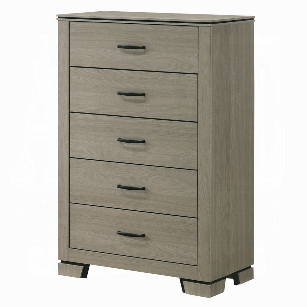 Benjara Anna 5 Drawer Tall Dresser Chest, Weathered Gray, Black Metal Accents