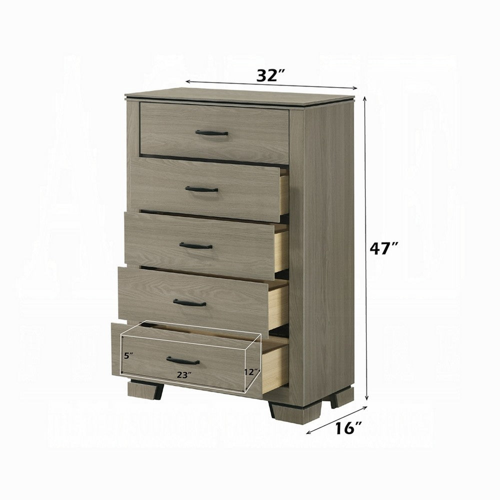 Benjara Anna 5 Drawer Tall Dresser Chest, Weathered Gray, Black Metal Accents