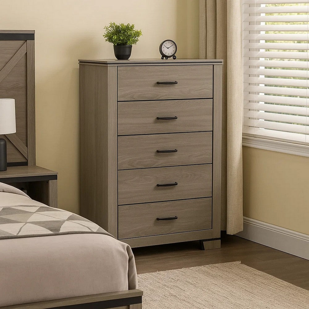 Benjara Anna 5 Drawer Tall Dresser Chest, Weathered Gray, Black Metal Accents