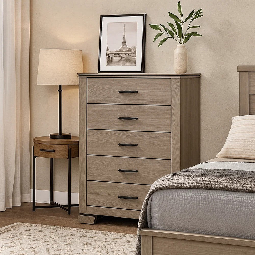 Benjara Anna 5 Drawer Tall Dresser Chest, Weathered Gray, Black Metal Accents