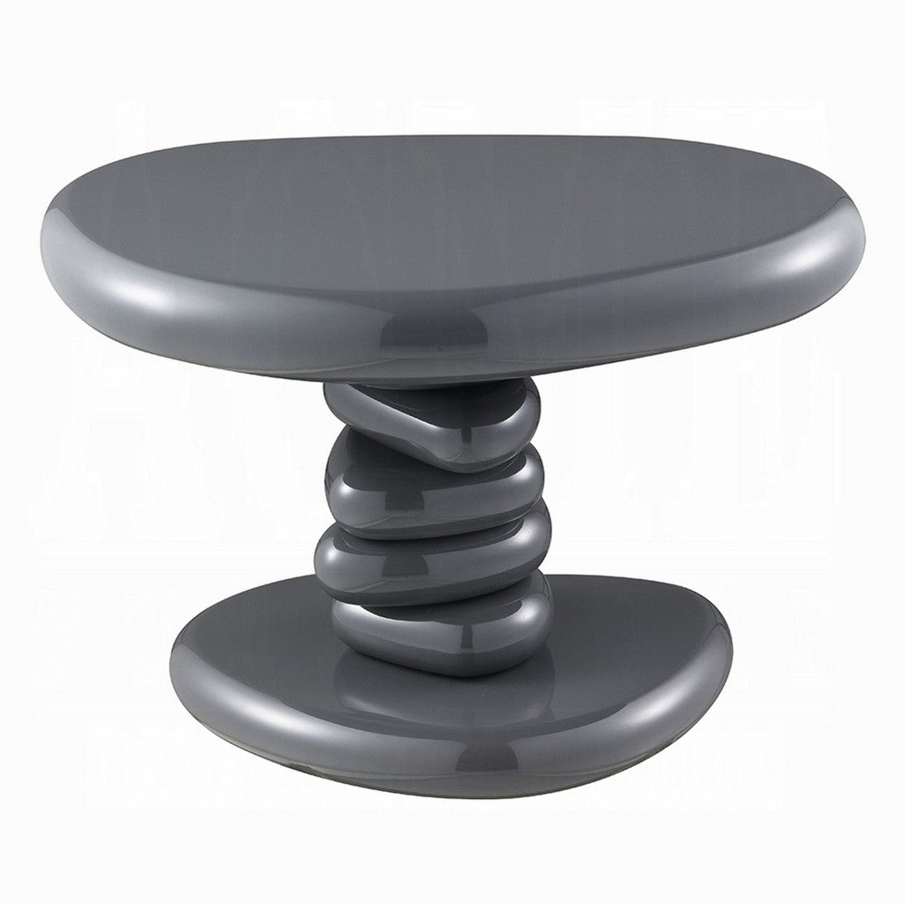 Benjara Fory End Table, 22 Inch Asymmetric Stacked Pebble Base, High Gloss Gray