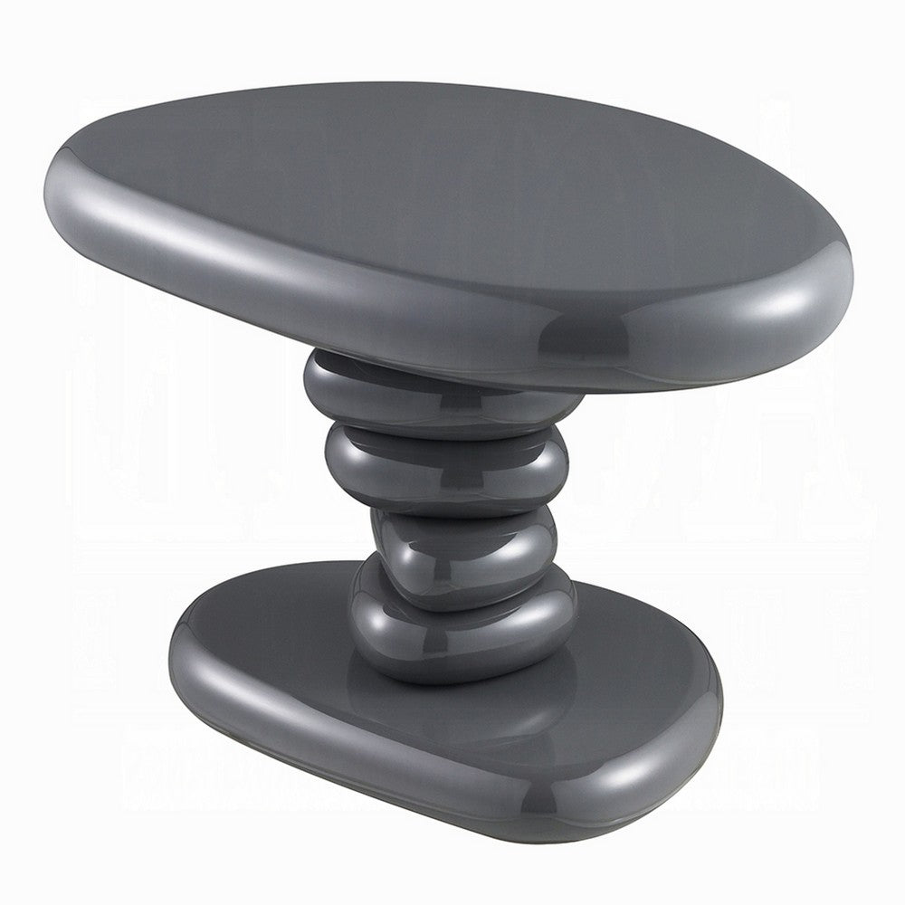 Benjara Fory End Table, 22 Inch Asymmetric Stacked Pebble Base, High Gloss Gray
