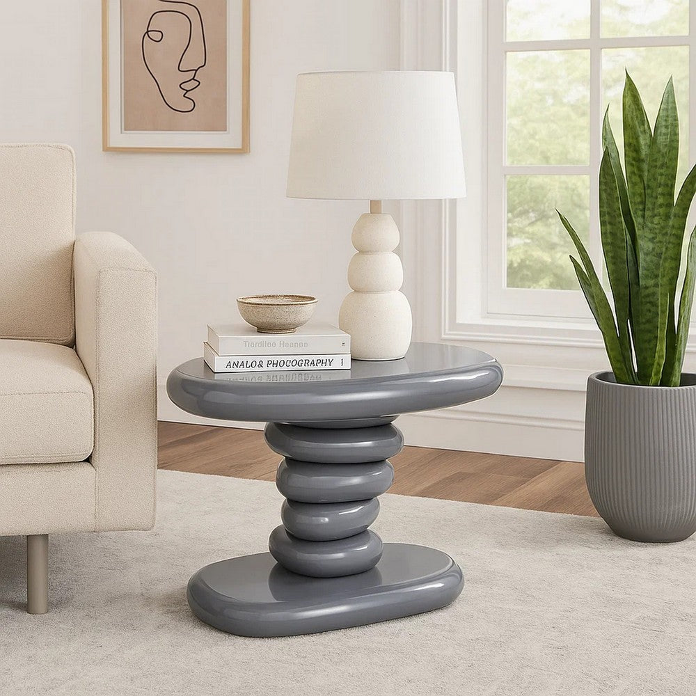 Benjara Fory End Table, 22 Inch Asymmetric Stacked Pebble Base, High Gloss Gray
