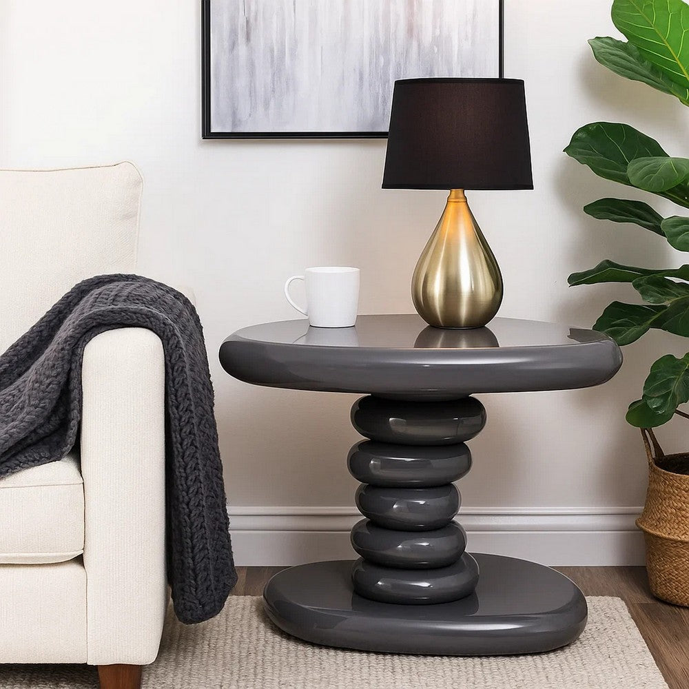 Benjara Fory End Table, 22 Inch Asymmetric Stacked Pebble Base, High Gloss Gray