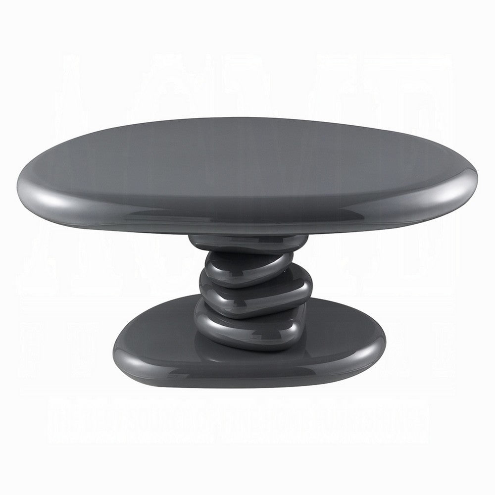 Benjara Fory End Table, 30 Inch Asymmetric Stacked Pebble Base, High Gloss Gray