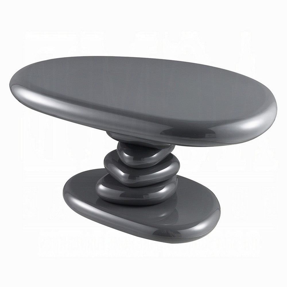 Benjara Fory End Table, 30 Inch Asymmetric Stacked Pebble Base, High Gloss Gray