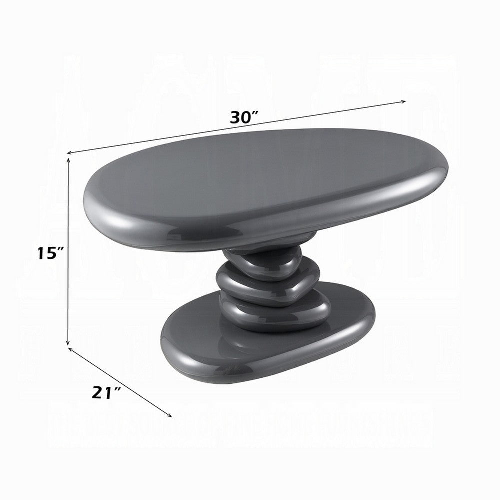 Benjara Fory End Table, 30 Inch Asymmetric Stacked Pebble Base, High Gloss Gray