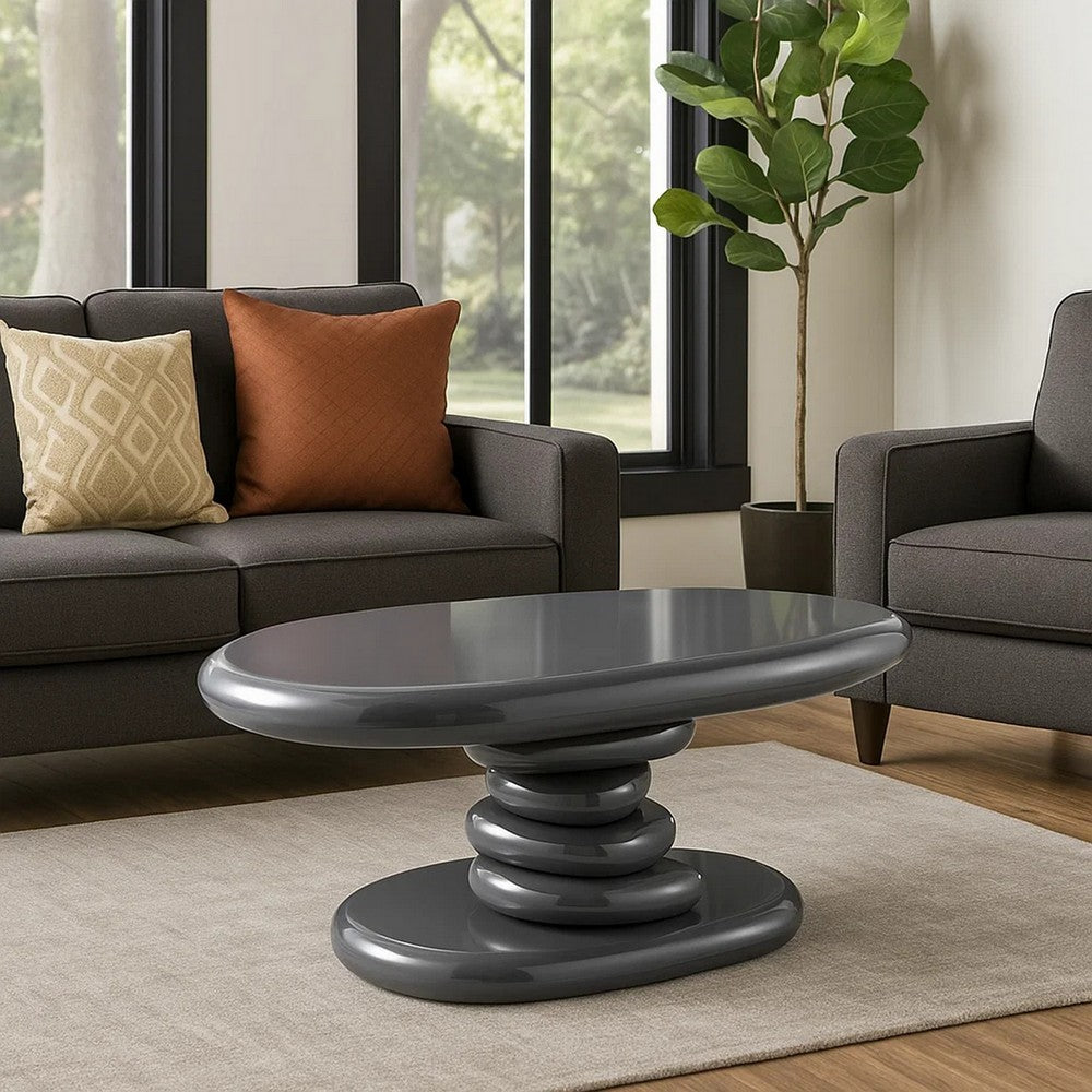 Benjara Fory End Table, 30 Inch Asymmetric Stacked Pebble Base, High Gloss Gray