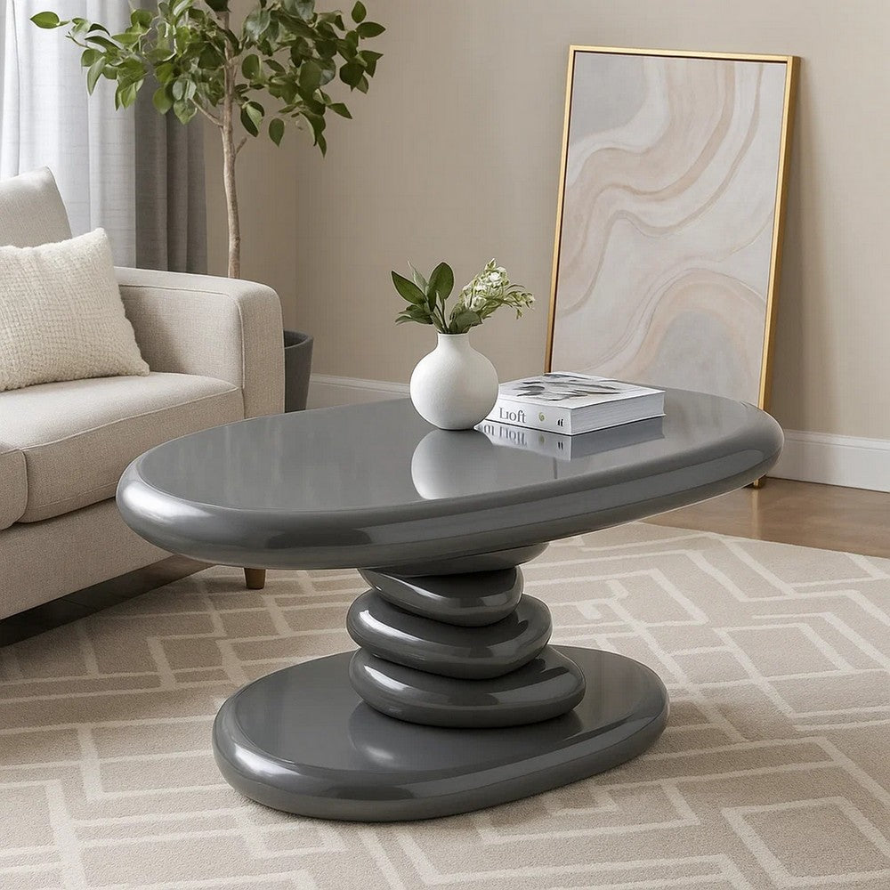 Benjara Fory End Table, 30 Inch Asymmetric Stacked Pebble Base, High Gloss Gray