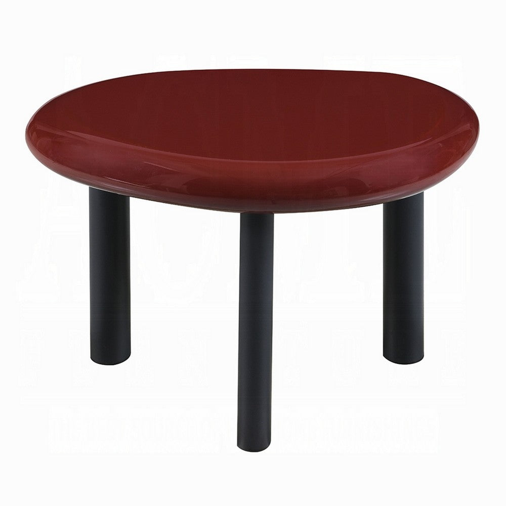 Benjara Endy End Table, 21 Inch Asymmetric Red High Gloss, 3 Round Metal Legs