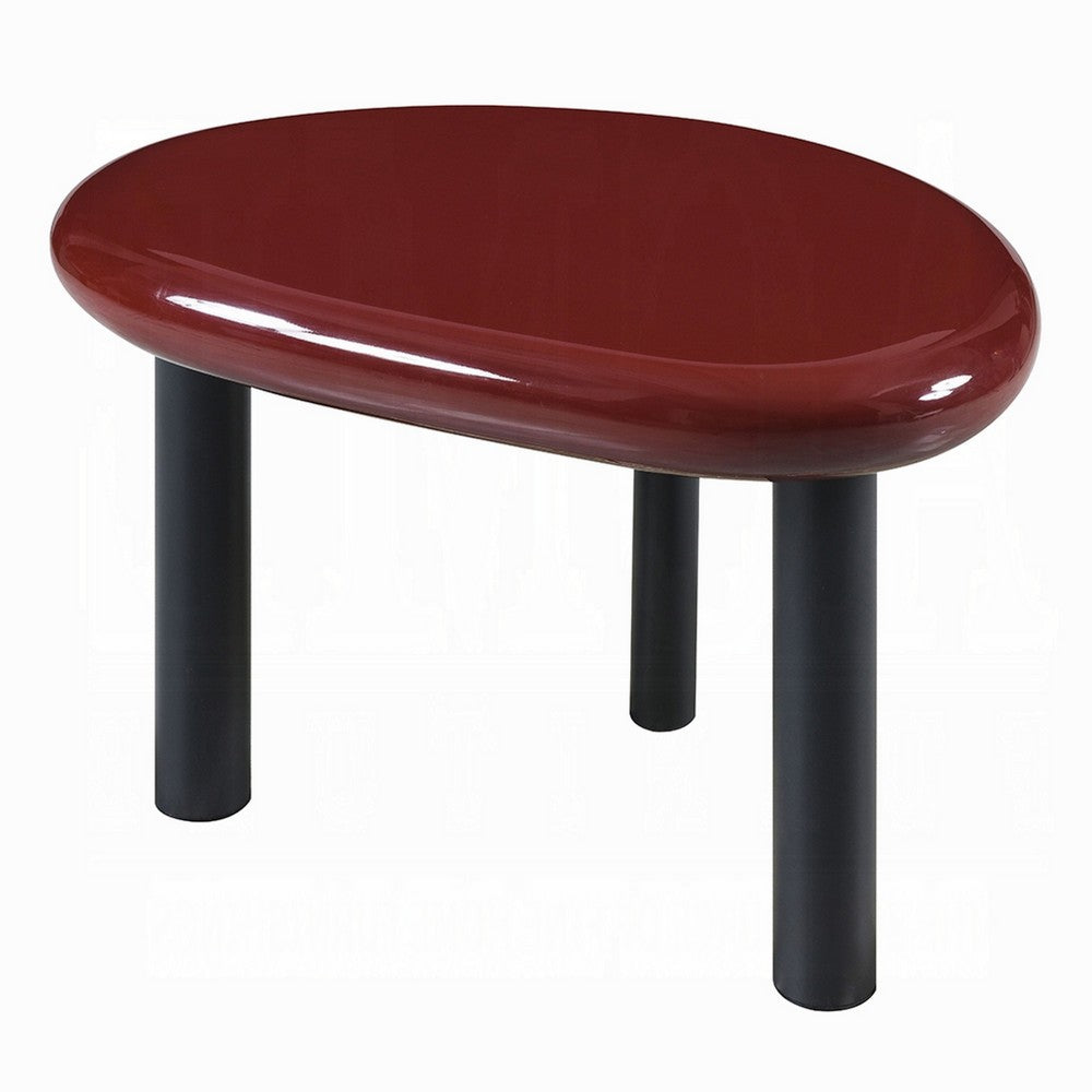 Benjara Endy End Table, 21 Inch Asymmetric Red High Gloss, 3 Round Metal Legs