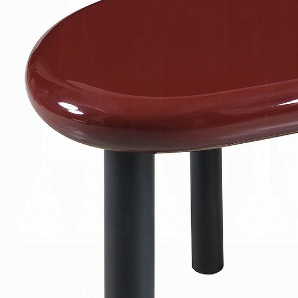 Benjara Endy End Table, 21 Inch Asymmetric Red High Gloss, 3 Round Metal Legs