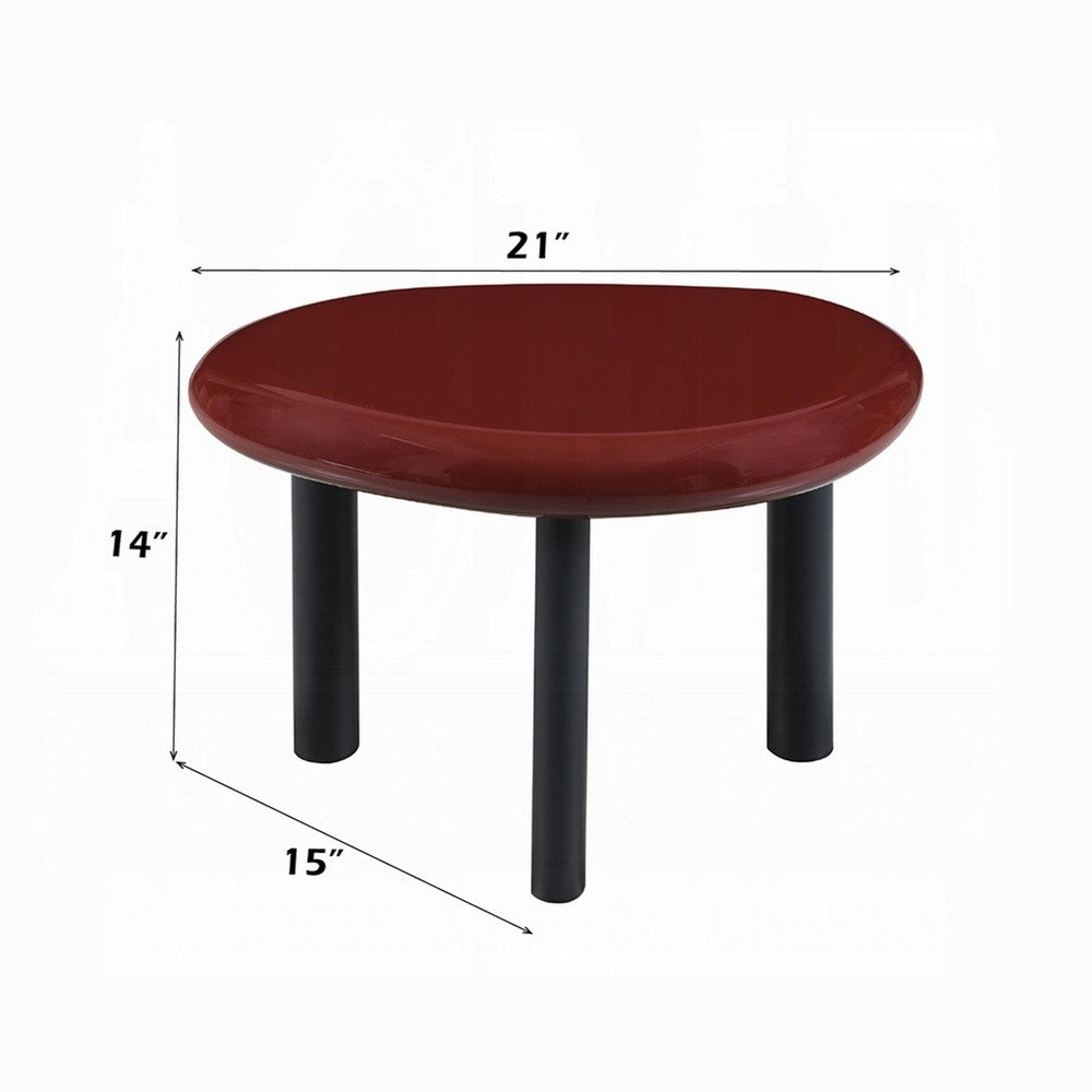 Benjara Endy End Table, 21 Inch Asymmetric Red High Gloss, 3 Round Metal Legs