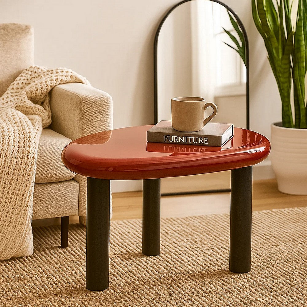 Benjara Endy End Table, 21 Inch Asymmetric Red High Gloss, 3 Round Metal Legs