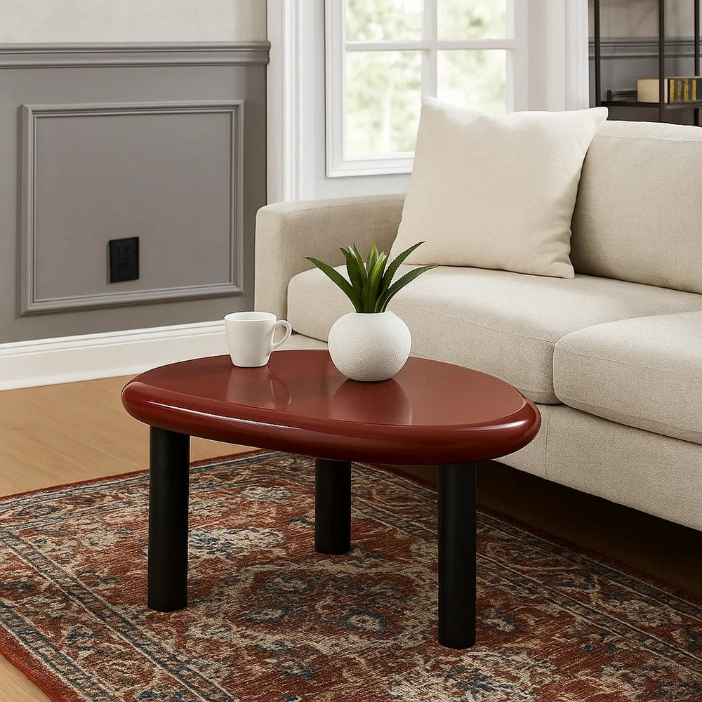 Benjara Endy End Table, 21 Inch Asymmetric Red High Gloss, 3 Round Metal Legs
