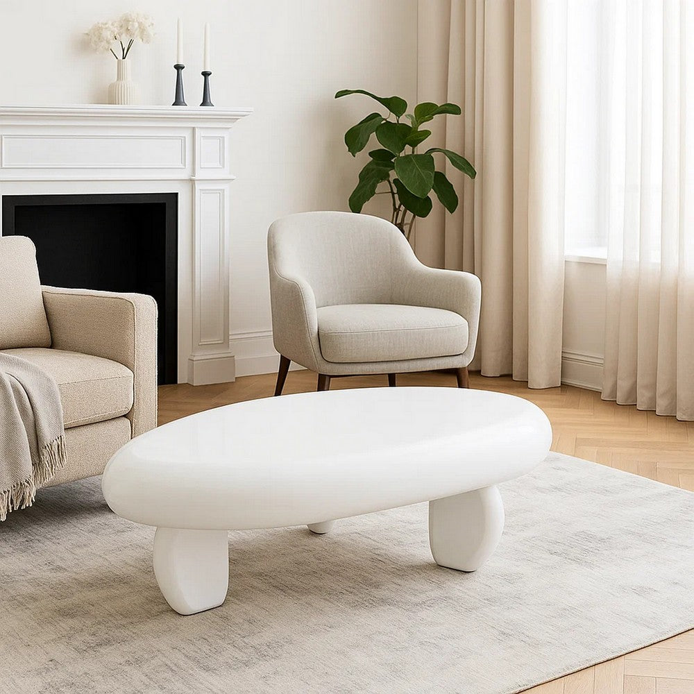 Benjara Vayu Coffee Table, 30 Inch Asymmetric Pebble Design, High Gloss White