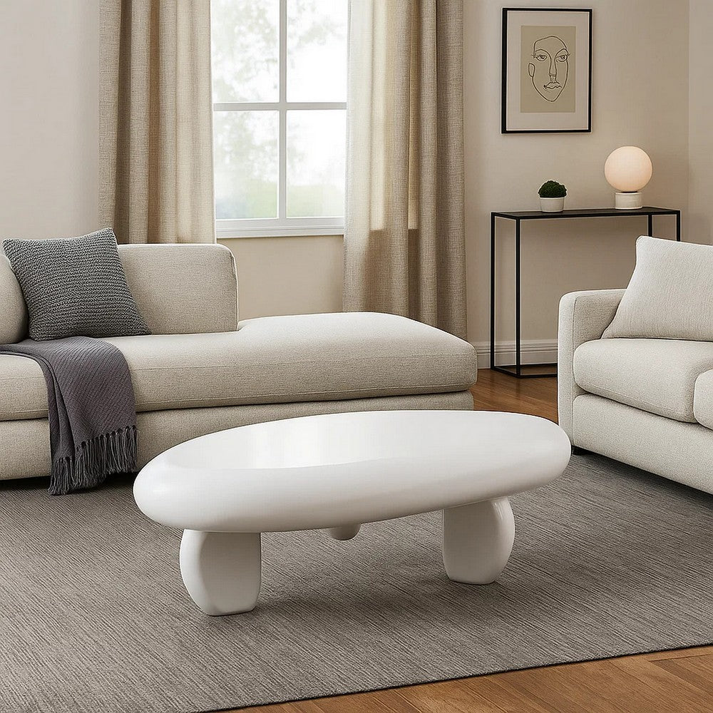 Benjara Vayu Coffee Table, 30 Inch Asymmetric Pebble Design, High Gloss White