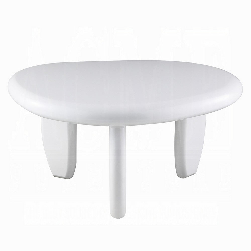 Benjara Vayu End Table, 30 Inch Asymmetric, Tri Pebble Legs, High Gloss White
