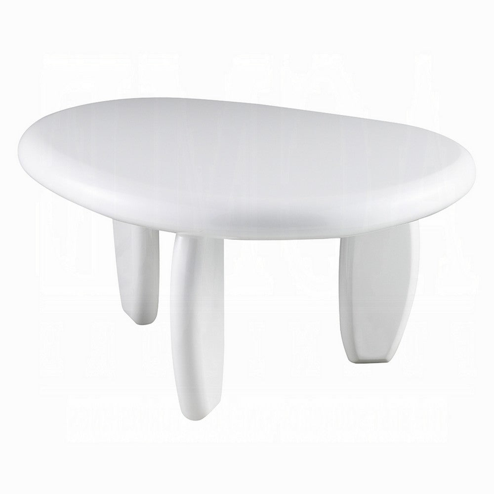Benjara Vayu End Table, 30 Inch Asymmetric, Tri Pebble Legs, High Gloss White