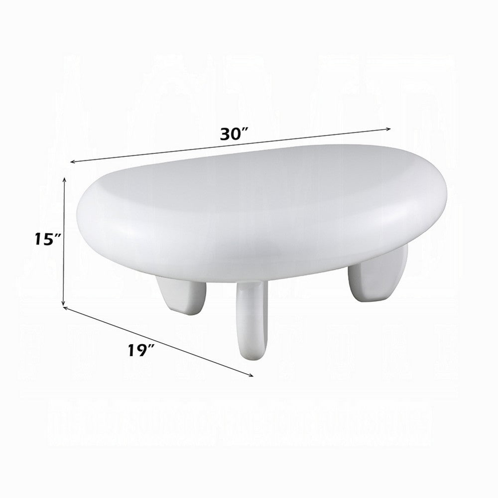 Benjara Vayu End Table, 30 Inch Asymmetric, Tri Pebble Legs, High Gloss White