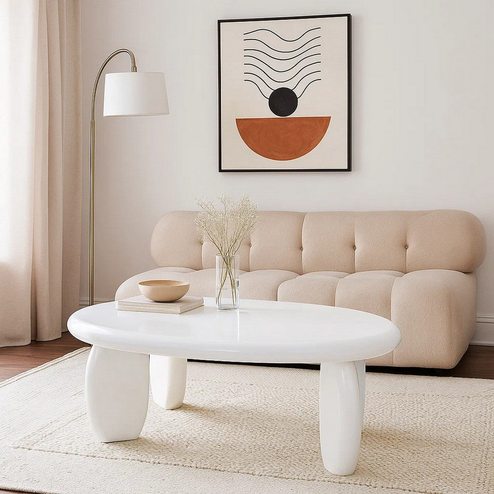 Benjara Vayu End Table, 30 Inch Asymmetric, Tri Pebble Legs, High Gloss White