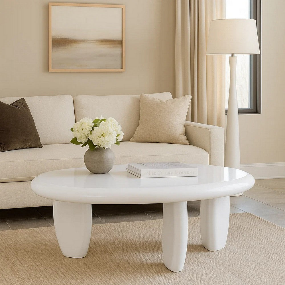 Benjara Vayu End Table, 30 Inch Asymmetric, Tri Pebble Legs, High Gloss White