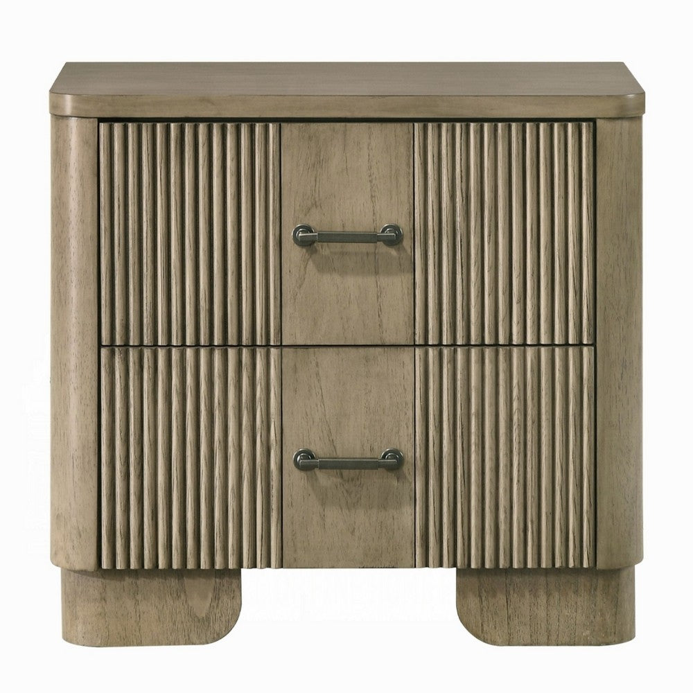 Benjara Leky Nightstand, 2 Reeded Drawers, Rounded Corners, Antique Oak Brown