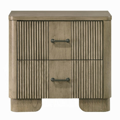 Benjara Leky Nightstand, 2 Reeded Drawers, Rounded Corners, Antique Oak Brown