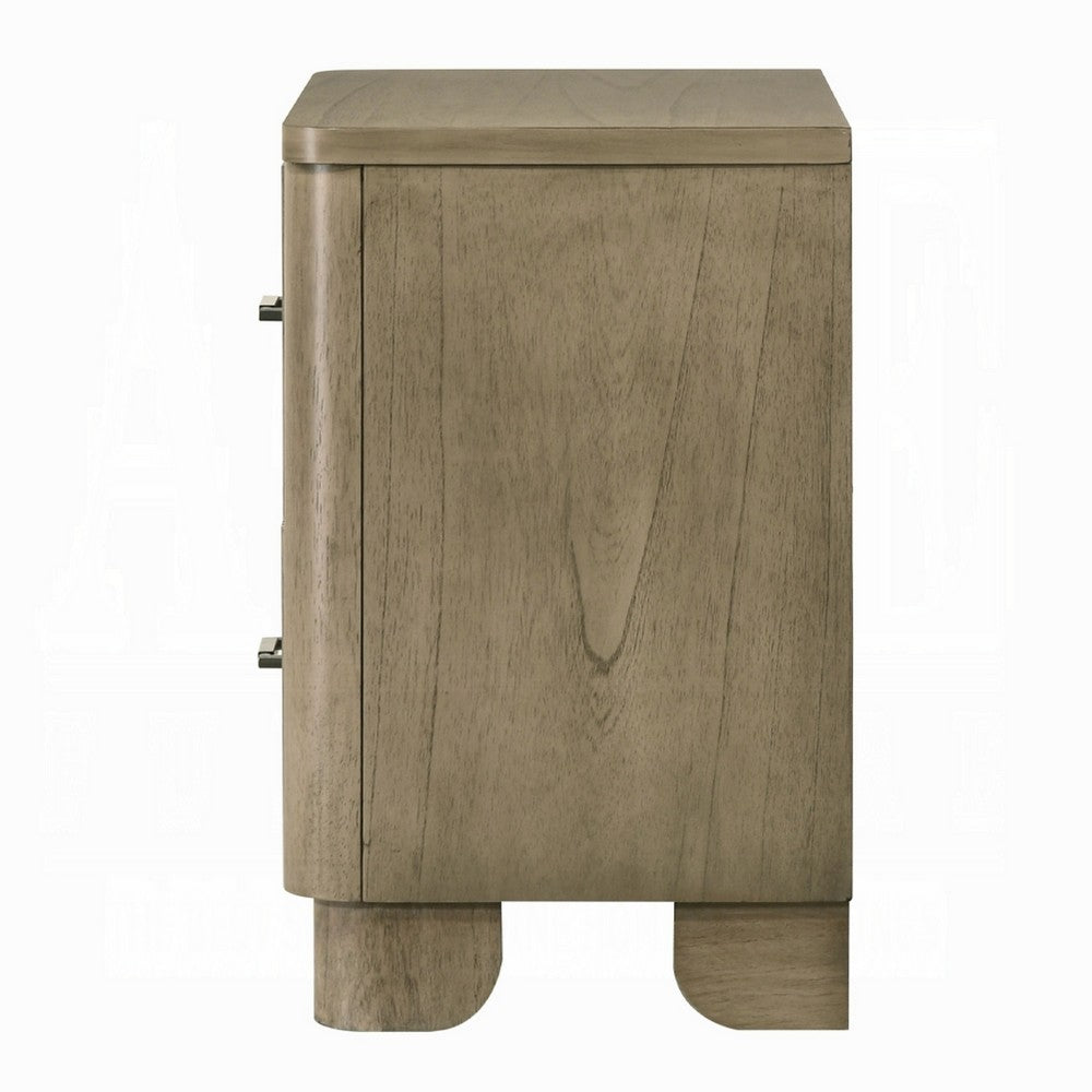 Benjara Leky Nightstand, 2 Reeded Drawers, Rounded Corners, Antique Oak Brown