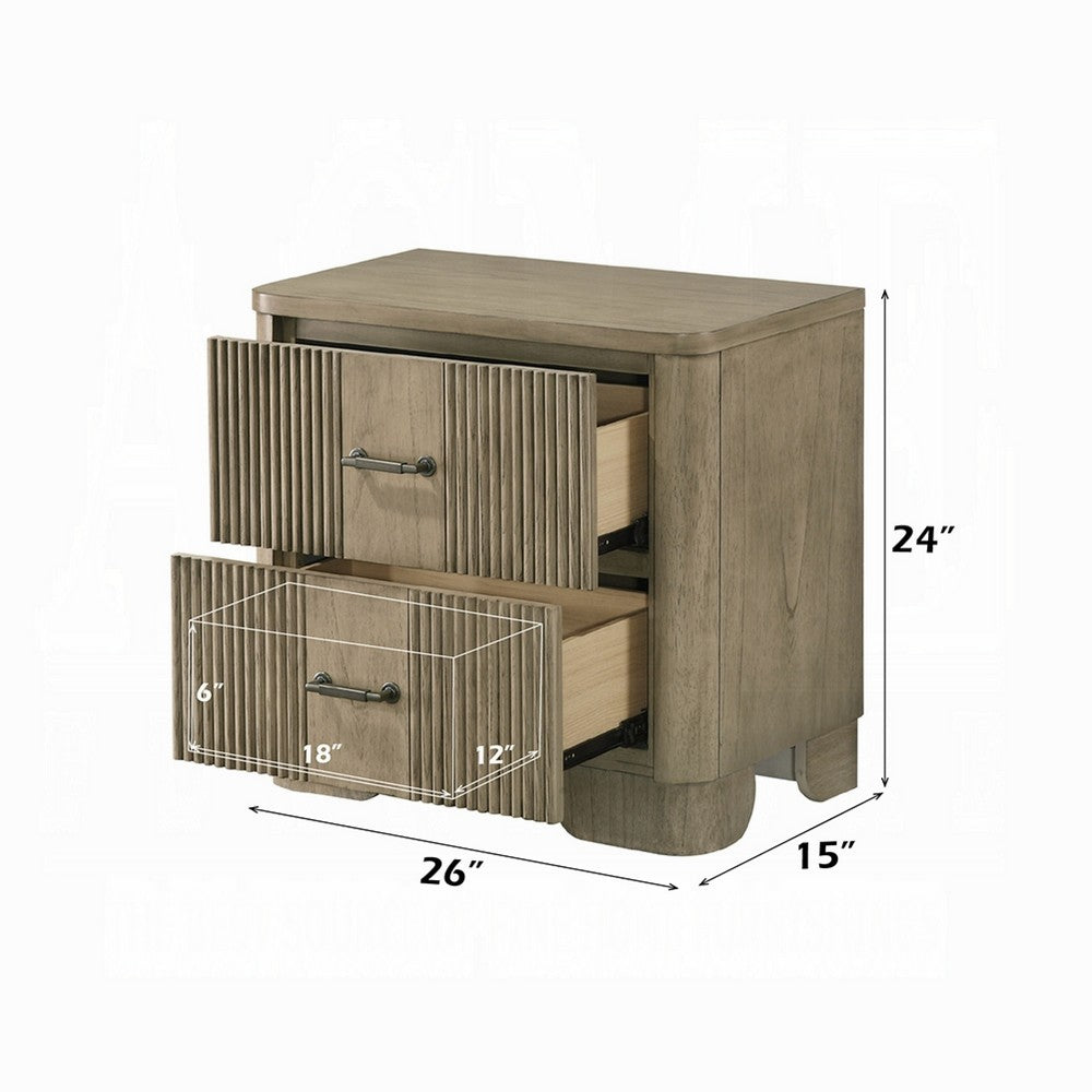 Benjara Leky Nightstand, 2 Reeded Drawers, Rounded Corners, Antique Oak Brown
