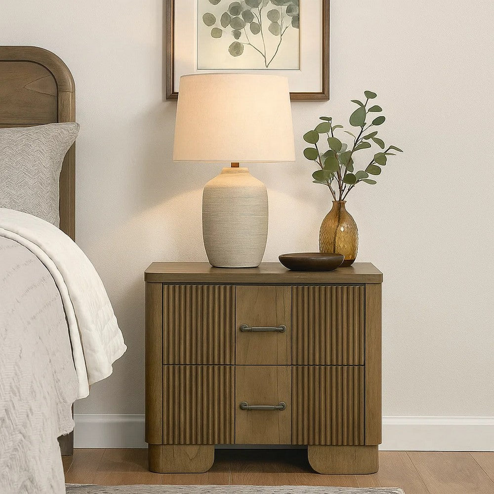 Benjara Leky Nightstand, 2 Reeded Drawers, Rounded Corners, Antique Oak Brown
