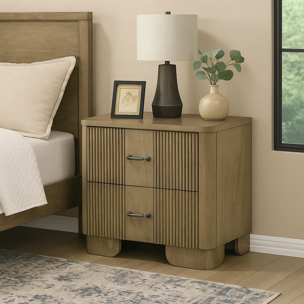Benjara Leky Nightstand, 2 Reeded Drawers, Rounded Corners, Antique Oak Brown