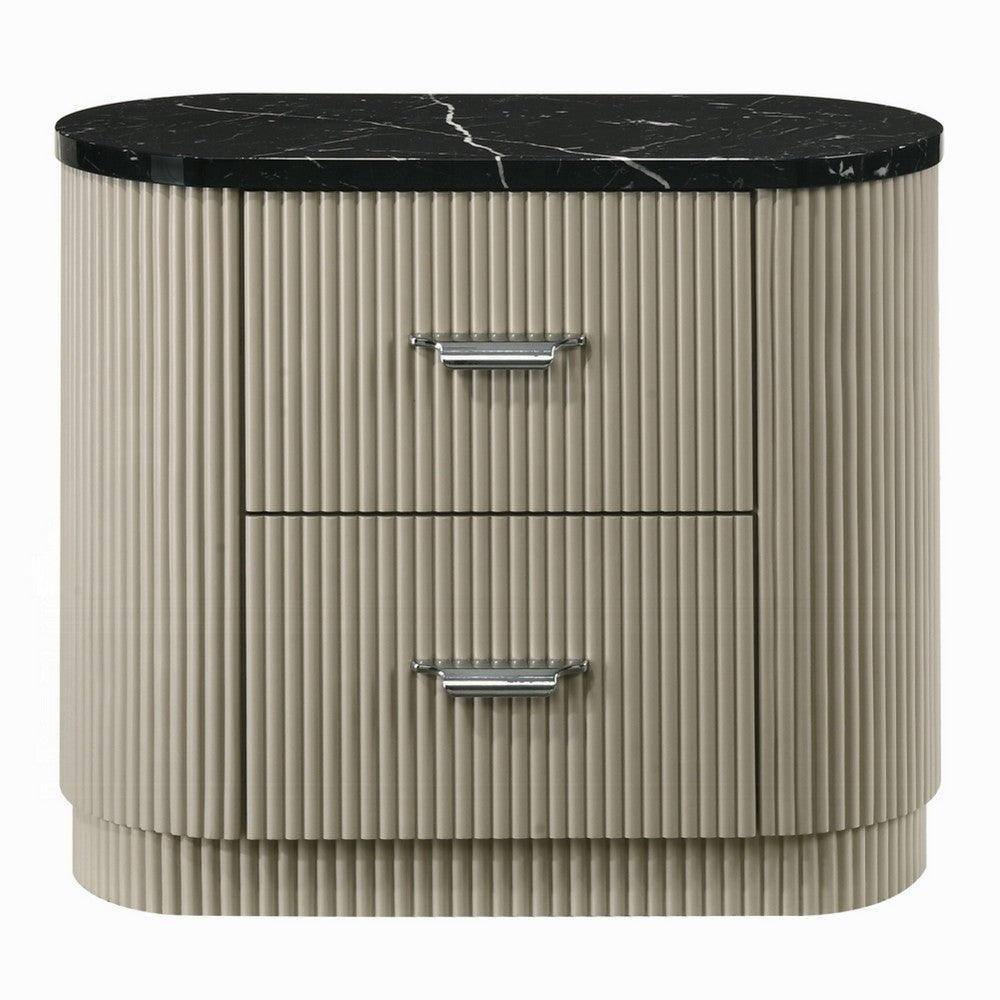 Benjara Trex Nightstand, 2 Reeded Drawers with Black Faux Marble Oval Top, Beige
