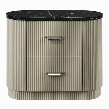 Benjara Trex Nightstand, 2 Reeded Drawers with Black Faux Marble Oval Top, Beige
