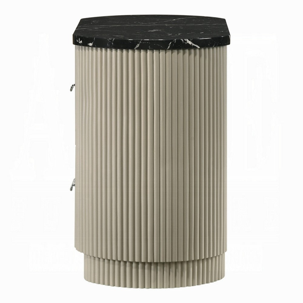 Benjara Trex Nightstand, 2 Reeded Drawers with Black Faux Marble Oval Top, Beige