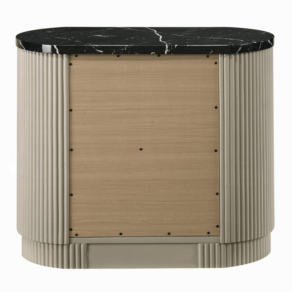Benjara Trex Nightstand, 2 Reeded Drawers with Black Faux Marble Oval Top, Beige