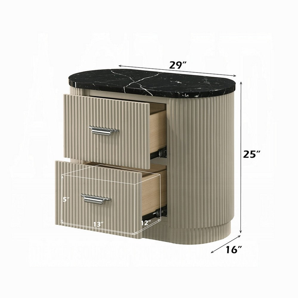Benjara Trex Nightstand, 2 Reeded Drawers with Black Faux Marble Oval Top, Beige
