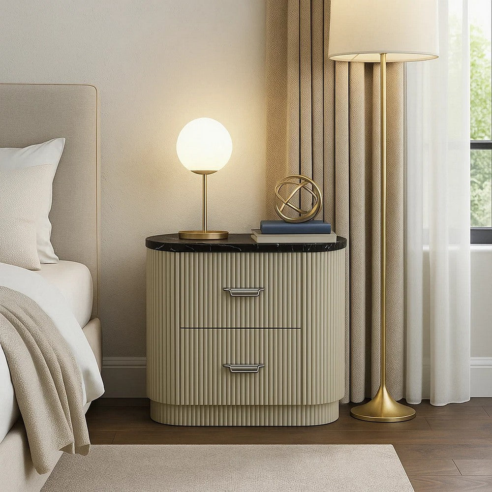 Benjara Trex Nightstand, 2 Reeded Drawers with Black Faux Marble Oval Top, Beige