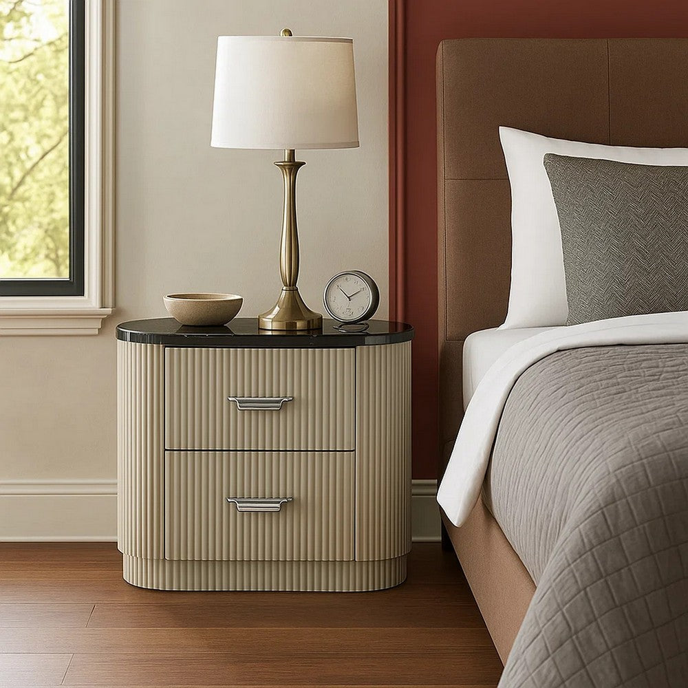 Benjara Trex Nightstand, 2 Reeded Drawers with Black Faux Marble Oval Top, Beige