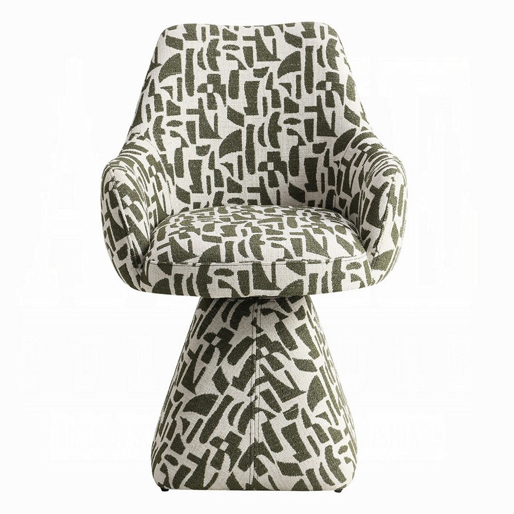Benjara Peny Swivel Accent Chair, Green And White Printed Fabric