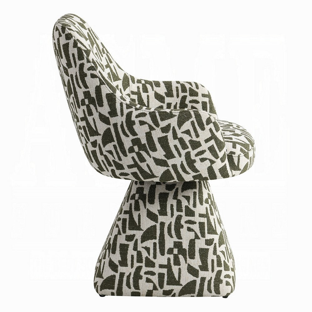Benjara Peny Swivel Accent Chair, Green And White Printed Fabric