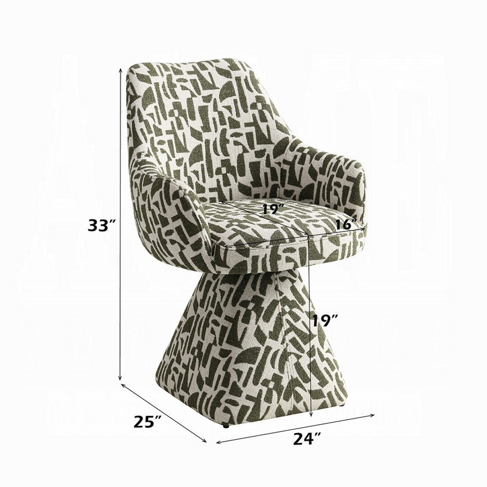 Benjara Peny Swivel Accent Chair, Green And White Printed Fabric