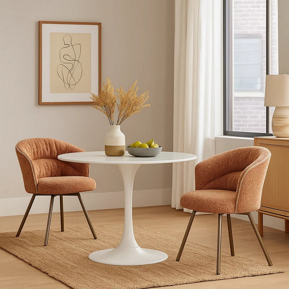 Benjara Ladi Dining Side Chair Set of 2, Rust Orange Boucle, Metal Angled Legs